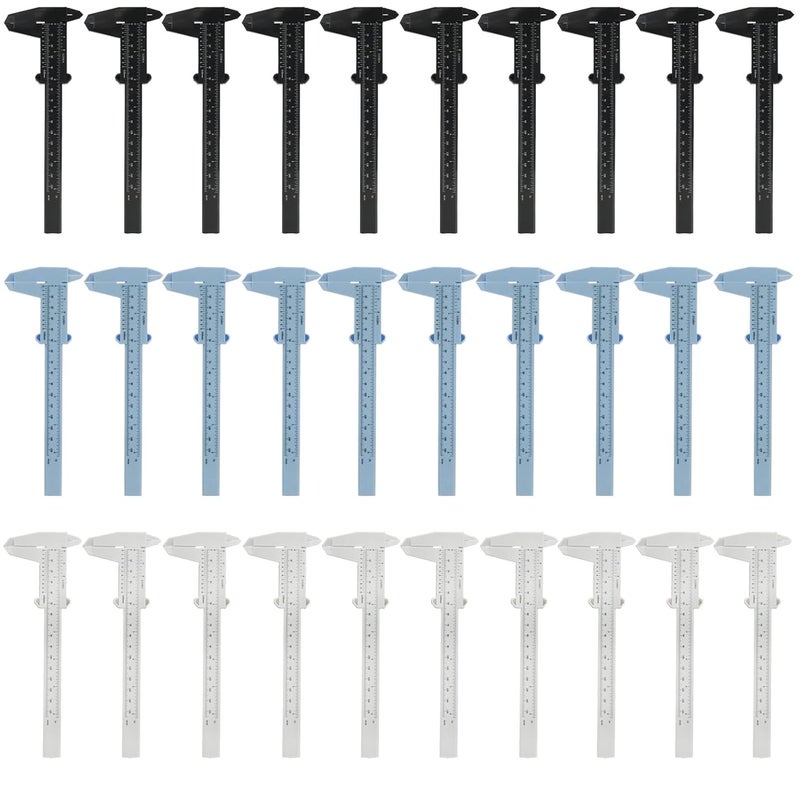 TNJPSEK 30 Pcs Plastic Vernier Caliper Measuring Tool, 150mm Mini Sliding Ruler Gauge, Disposable Caliper Set for Students DIY Crafts Office School Tattoo Eyebrow Artists (White, Black & Blue) - Image 1